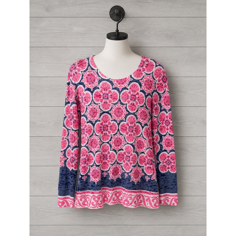 Before + Again Sundance Thermal Waffle Knit Tee Top Pink Blue Medallion Large